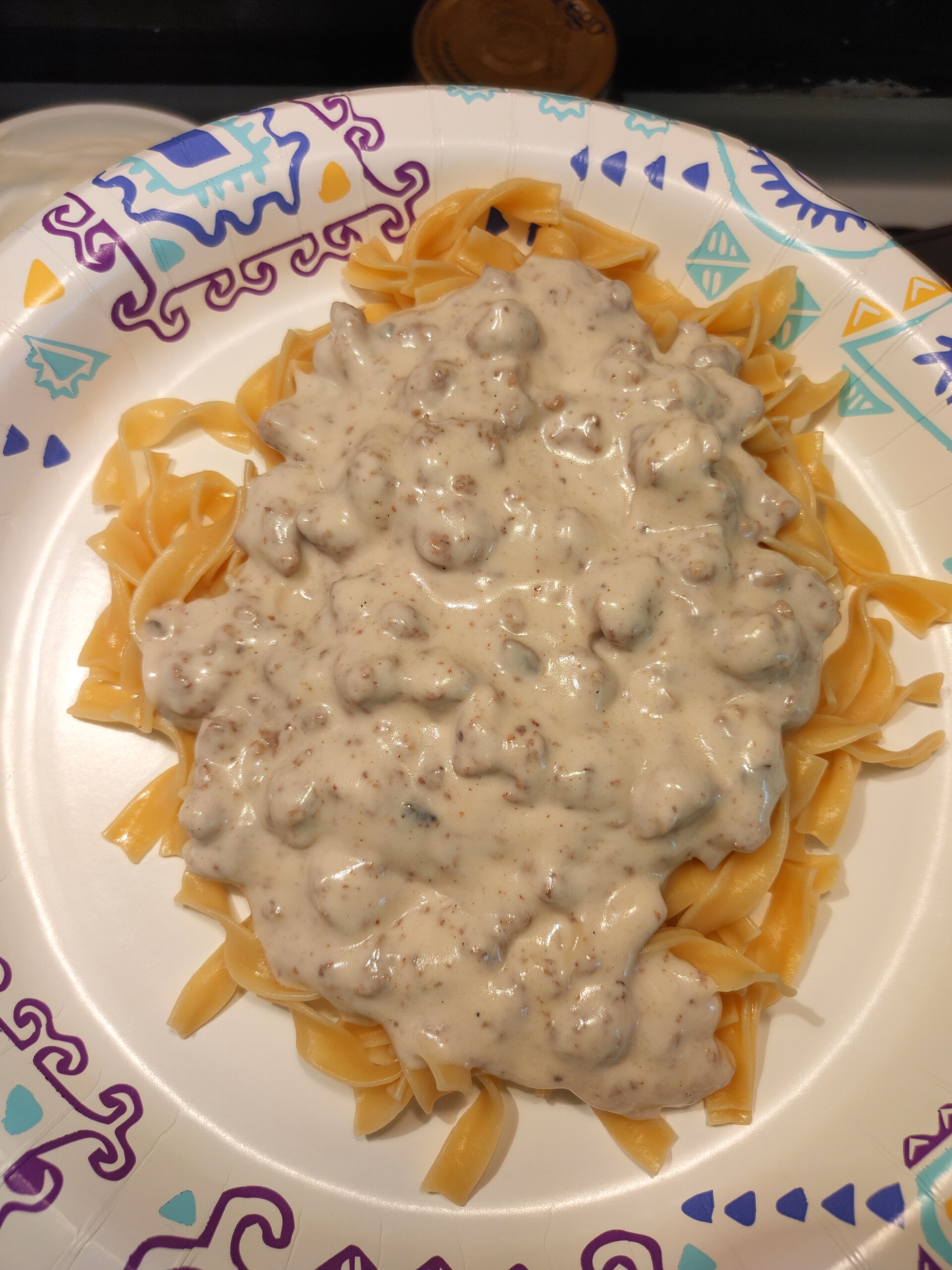 Plate with noodles and hamburger stroganoff sauce